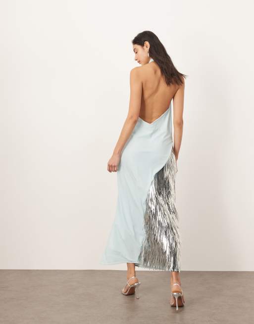 ARRANGE embellished shard panel halterneck maxi dress in light blue