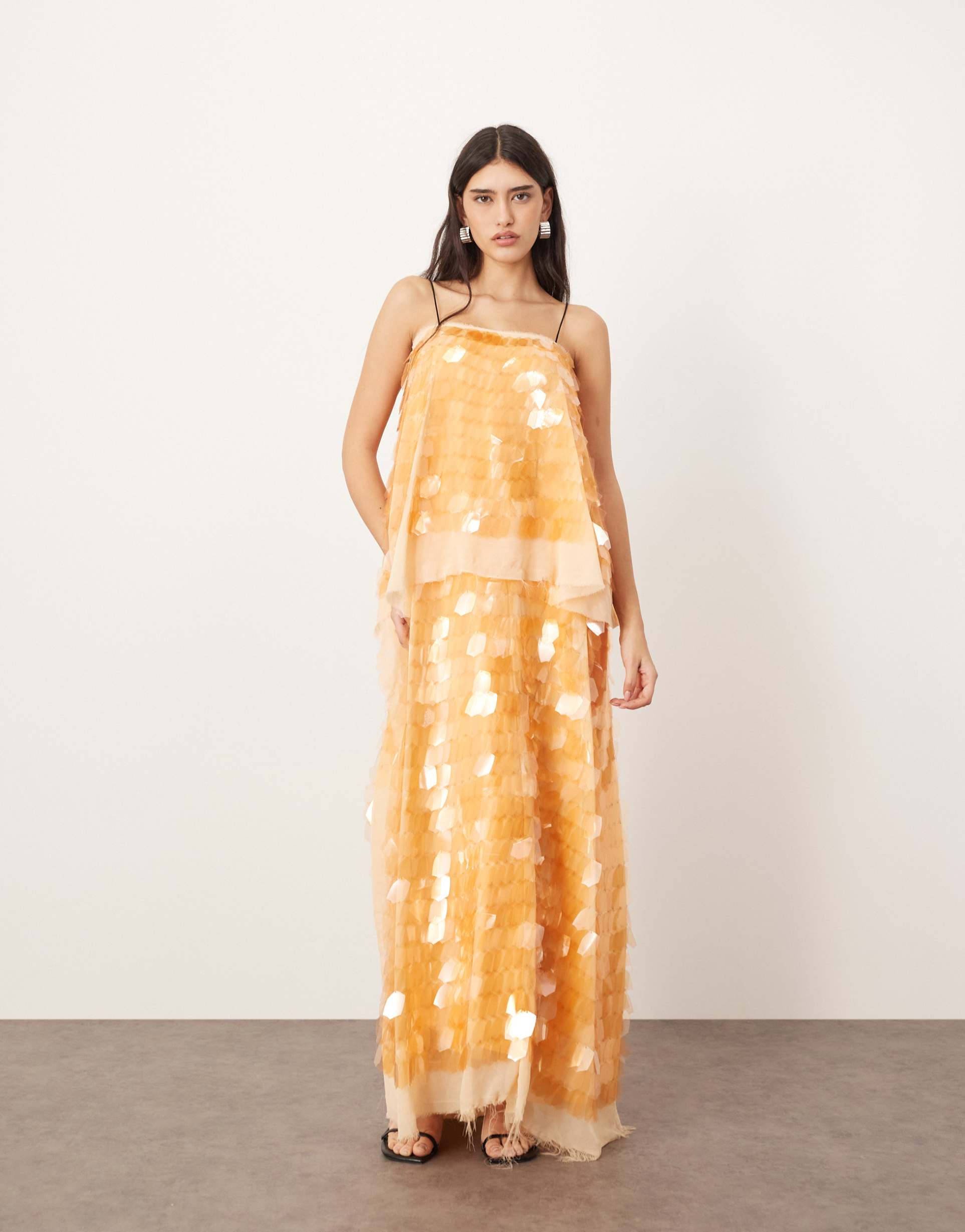 arrange embellished shard sequin layered cami maxi dress in peach