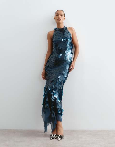 ARRANGE embellished shard sequin longline halter neck top and midi skirt co-ord in petrol blue - view 1