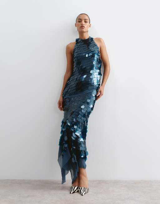 ARRANGE embellished shard sequin longline halter neck top co-ord in petrol blue, 2 of 5