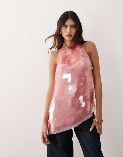 ARRANGE embellished shard sequin longline halter neck top co-ord in pink - view 1