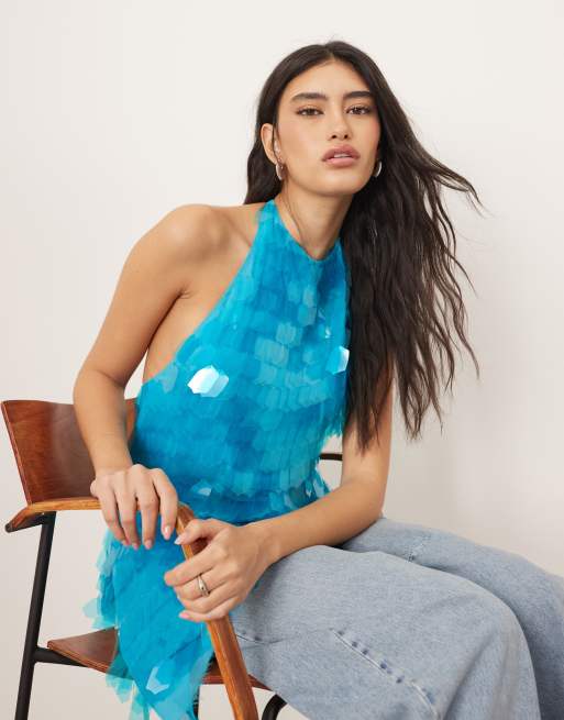 ARRANGE embellished shard sequin longline halter neck top in blue