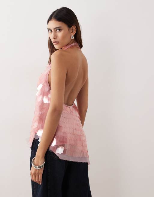 ARRANGE embellished shard sequin longline halter neck top in pink (part of a set), 4 of 4