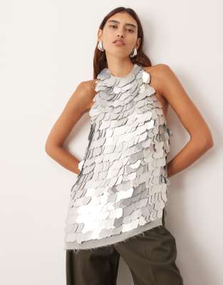 Arrange Embellished Shard Sequin Longline Halter Neck Top In Silver