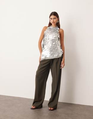 Arrange Embellished Shard Sequin Longline Halter Neck Top In Silver