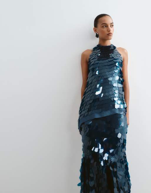 ARRANGE embellished shard sequin longline halter neck top set in petrol blue, 5 of 5