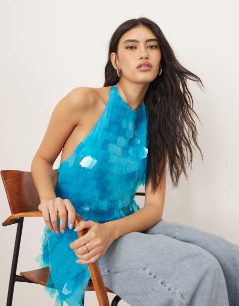 ARRANGE embellished shard sequin longline halterneck top in blue - view 1