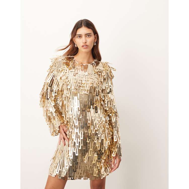 ARRANGE Embellished Shard Sequins Long Sleeve Mini Dress in Gold