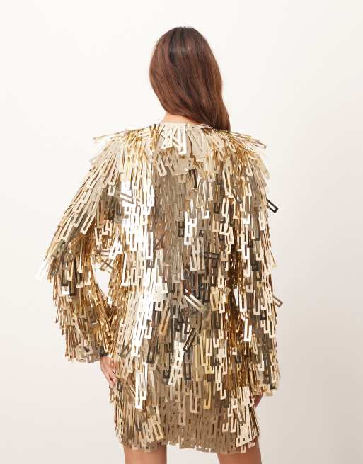 ARRANGE embellished shard sequins long sleeve mini dress in gold