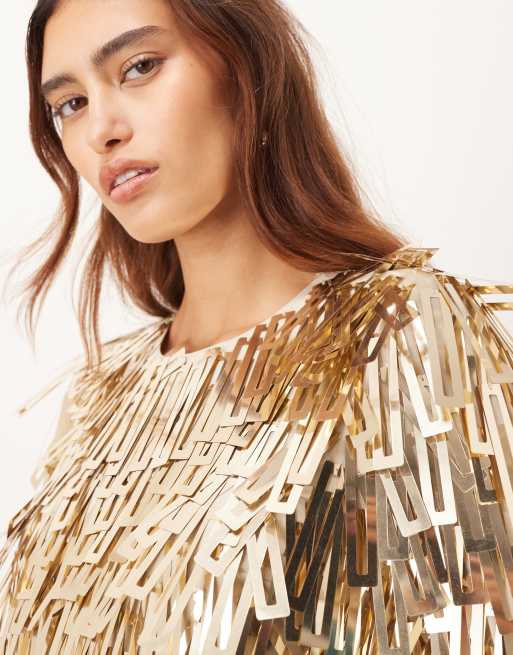 ARRANGE embellished shard sequins long sleeve mini dress in gold