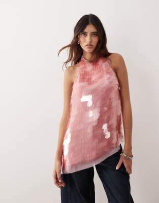 Arrange Embellished Shard Sequins Longline Halter Neck Top In Pink