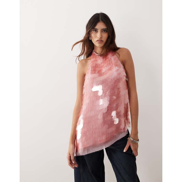 ARRANGE embellished shard sequins longline halter neck top in pink