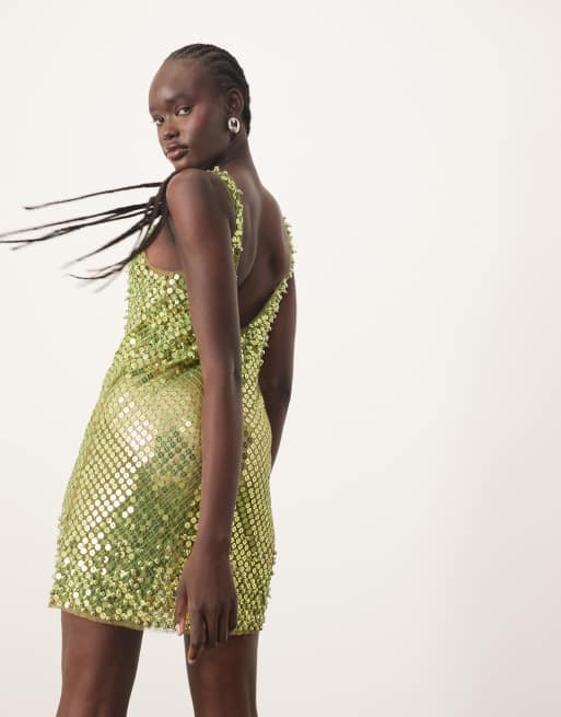 ARRANGE embellished sheer metal look raw edge tank top mini dress in lime