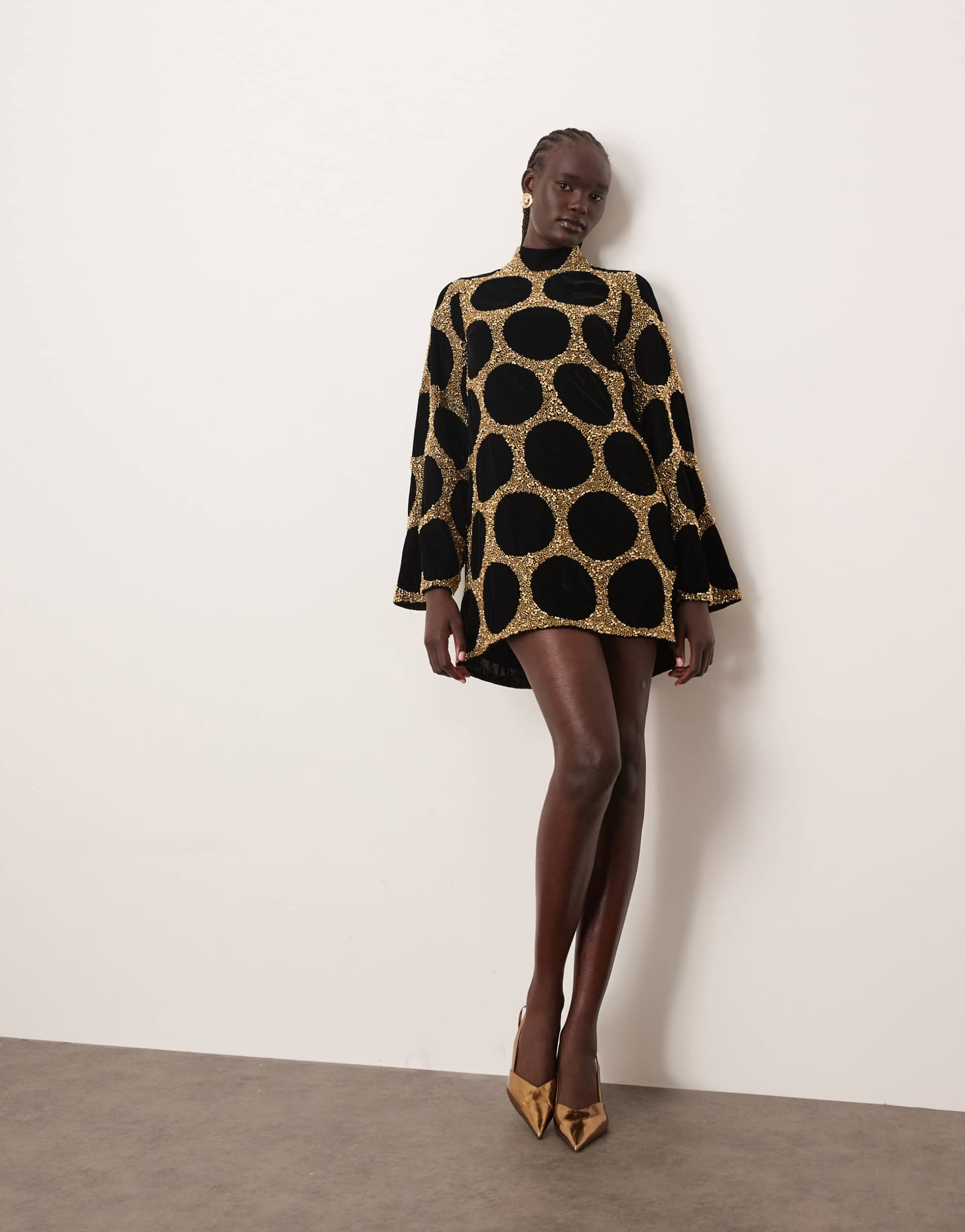 arrange embellished spot high neck long sleeve mini dress in gold