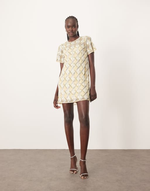 white and gold t shirt dress ARRANGE embellished T-shirt mini dress in buttermilk
