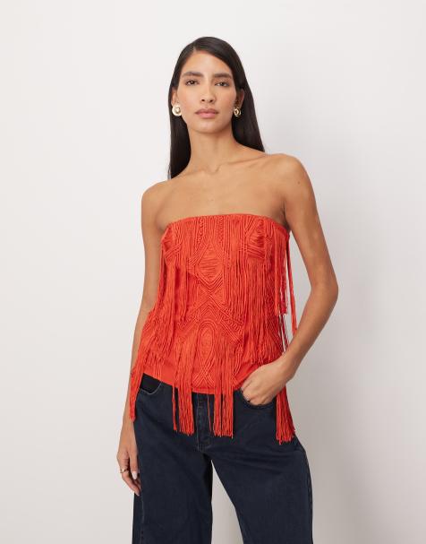 ARRANGE embroidered cornelli fringe bandeau top in red