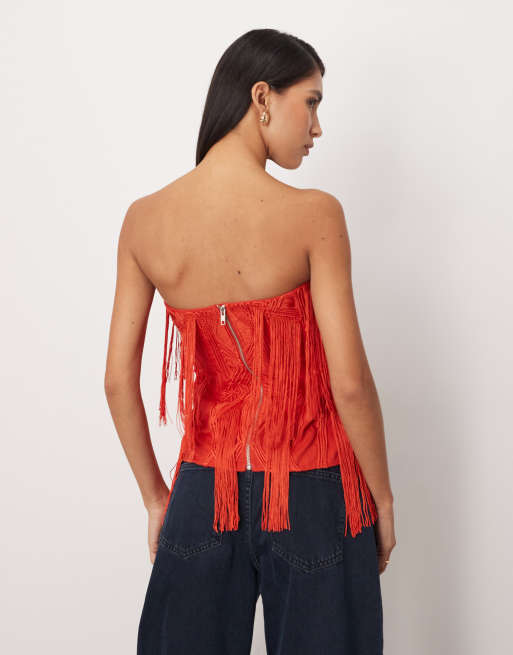 ARRANGE embroidered cornelli fringe bandeau top in red, 4 of 4