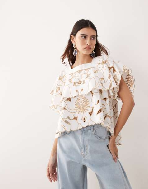 ARRANGE embroidered cut out top in cream (part of a set) - view 1