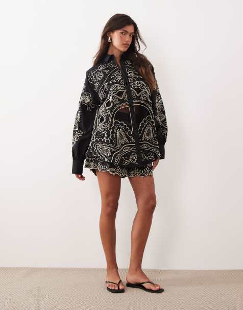 ARRANGE embroidered cutwork oversized shirt and short co-ord in black - view 1
