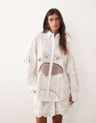 ARRANGE embroidered cutwork oversized shirt co-ord in white