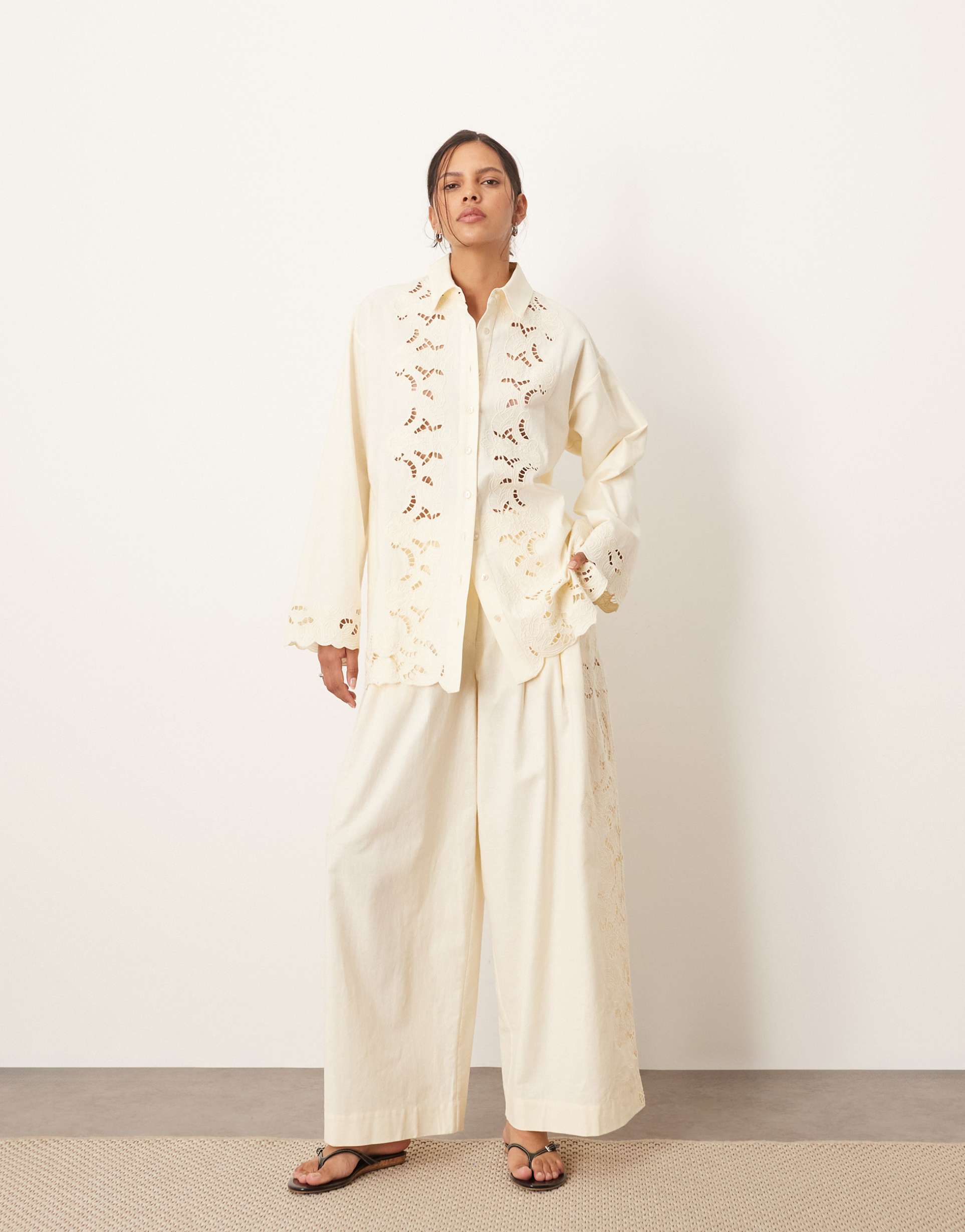 arrange embroidered cutwork pants in ecru - part of a set