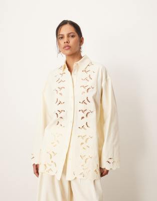 ARRANGE ARRANGE embroidered cutwork shirt co-ord in ecru-White