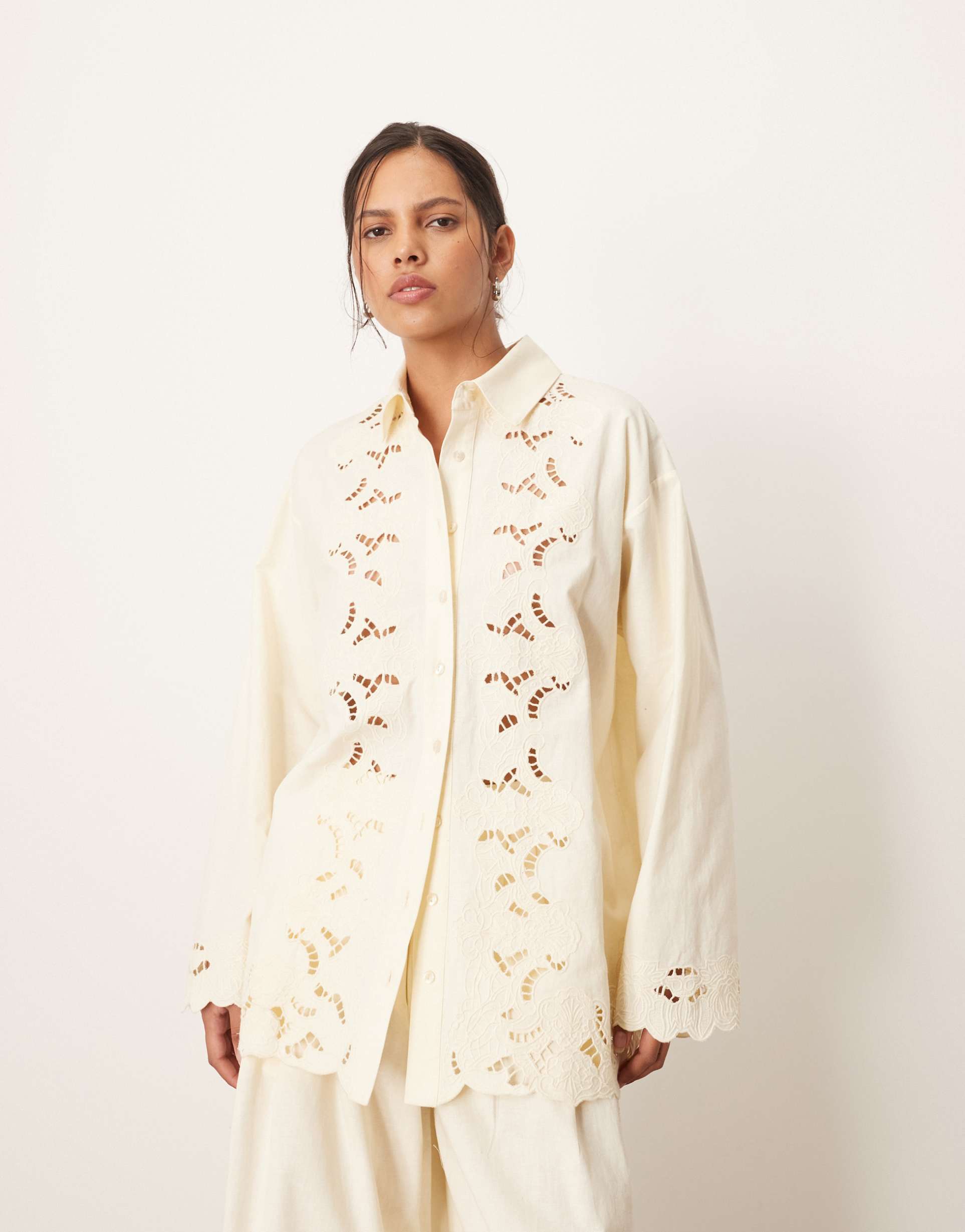 arrange embroidered cutwork shirt in ecru - part of a set