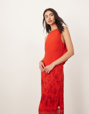 Arrange Embroidered Drape Back Midi Dress With Fringe Hem