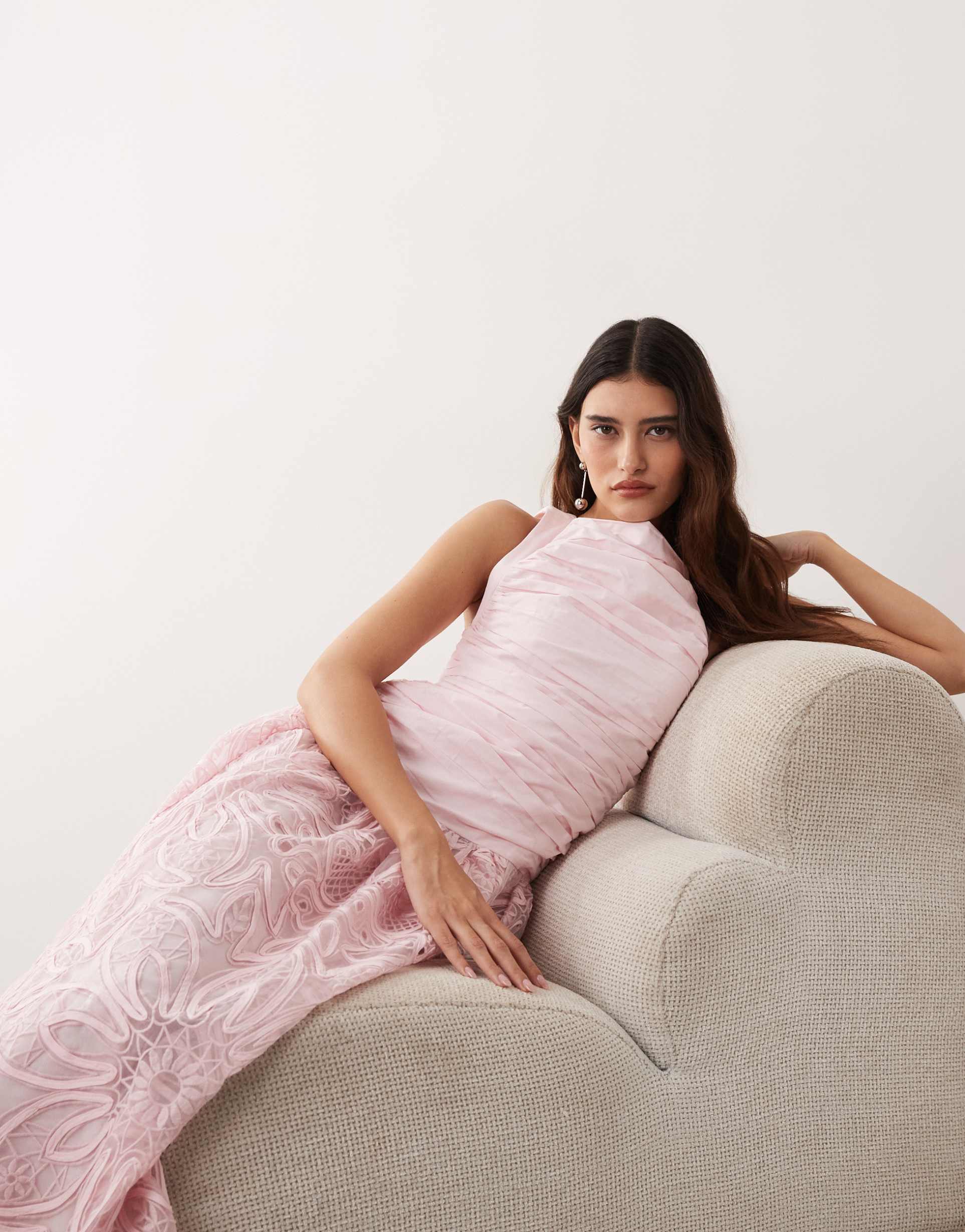 arrange embroidered drop waist low back maxi dress in pink