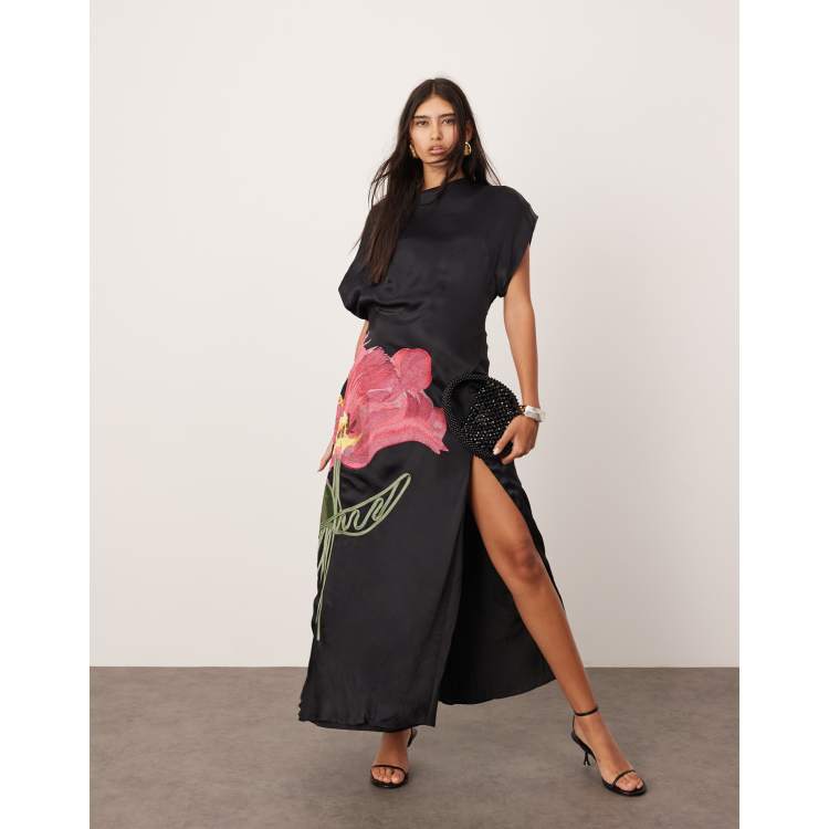 black high neck asymmetric embroidered trim maxi dress Bobbi Halter Rhinestone Asymmetrical High Slit Maxi Dress – Mara Blak main image 0