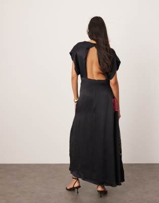 Arrange Curve Embroidered Floral Asymmetric Midi Dress In Black