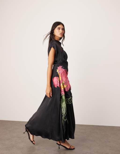 ARRANGE embroidered floral asymmetric maxi dress in black, 3 of 4