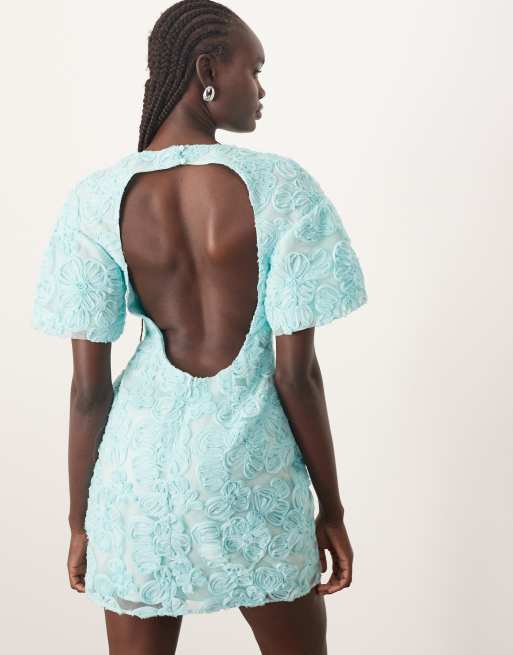 ARRANGE embroidered floral dome T-shirt sleeve mini dress in blue, 3 of 4