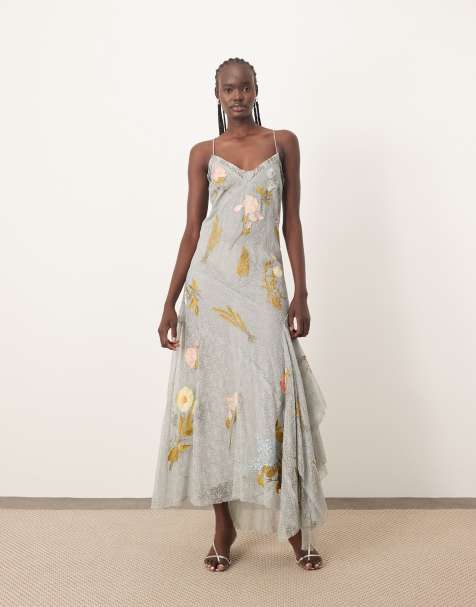 ARRANGE embroidered floral lace maxi dress in dusky blue - view 1
