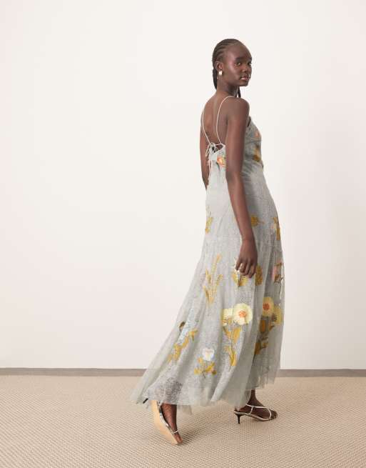ARRANGE embroidered floral lace maxi dress in dusky blue