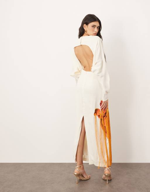 ARRANGE embroidered floral long sleeve open back maxi dress with fringe in white