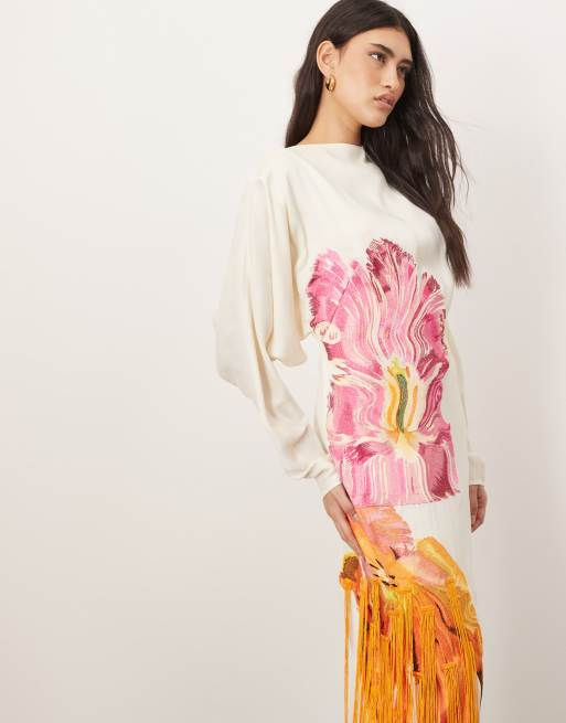 ARRANGE embroidered floral long sleeve open back maxi dress with fringe in white
