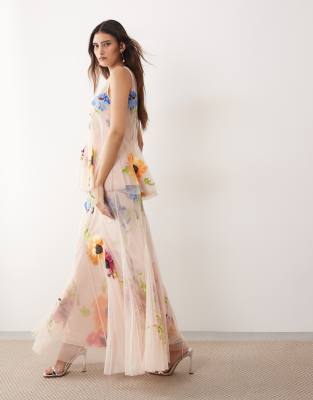 embroidered floral pleated maxi skirt in pink - part of a set