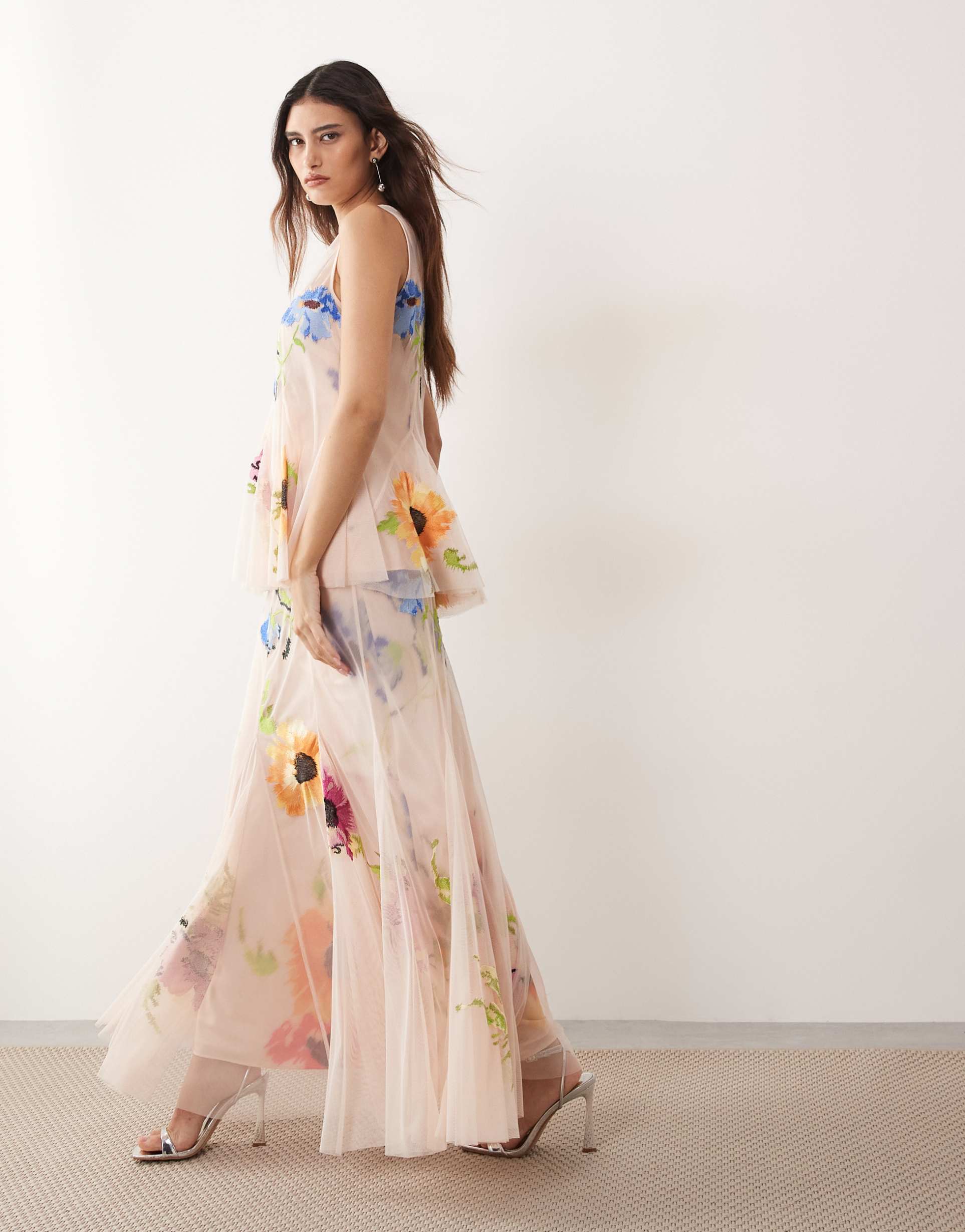 arrange embroidered floral pleated maxi skirt in pink - part of a set
