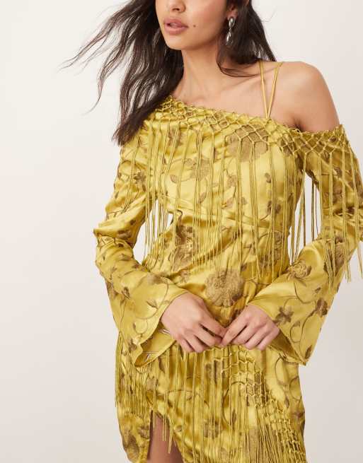 ARRANGE embroidered fringe detail off the shoulder tie back mini dress in olive