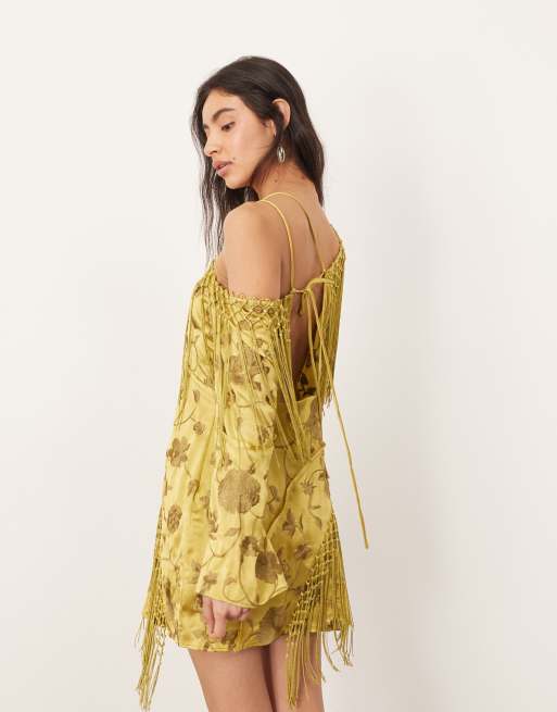 ARRANGE embroidered fringe detail off the shoulder tie back mini dress in olive
