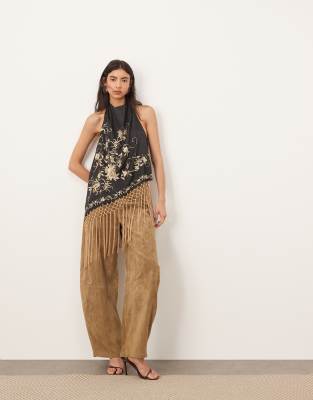 Arrange Embroidered Halter Neck Asymmetric Fringe Hem Longline Top