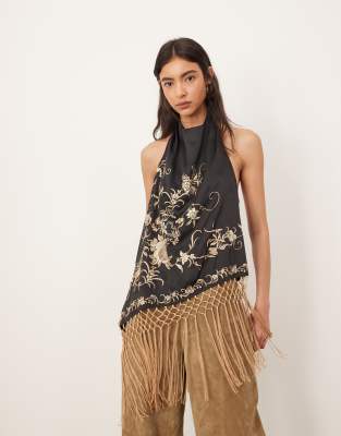 Arrange Embroidered Halter Neck Asymmetric Fringe Hem Longline Top