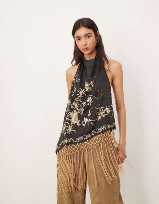 ARRANGE embroidered halter neck asymmetric fringe hem longline top in black