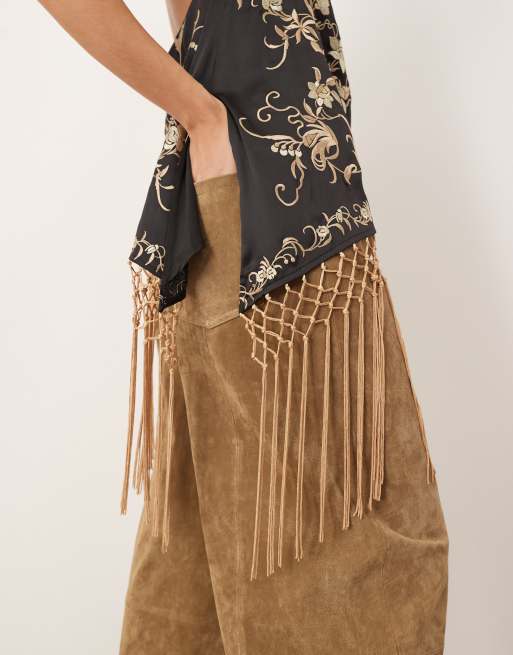 ARRANGE embroidered halter neck asymmetric fringe hem longline top in black