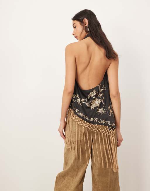 ARRANGE embroidered halter neck asymmetric fringe hem longline top in black