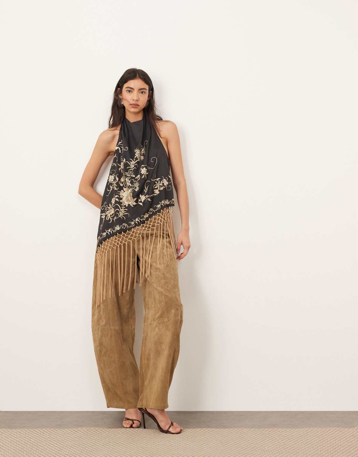ARRANGE embroidered halterneck asymmetric fringe hem longline top in black