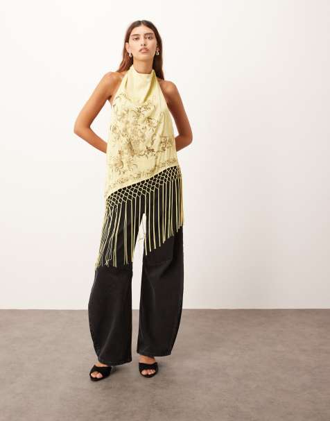 ARRANGE embroidered halterneck asymmetric fringe hem longline top in olive green - view 1