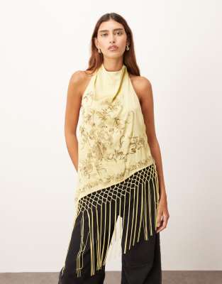 Arrange Embroidered Halterneck Asymmetric Fringe Hem Longline Top In Green