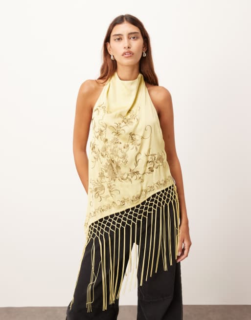 ARRANGE embroidered halterneck asymmetric fringe hem longline top in olive green